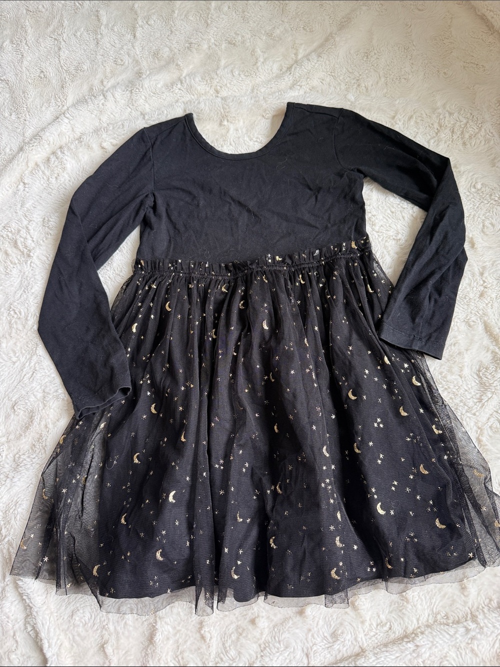 Hannah Andersson sz 5 Black Long-Sleeve Tulle Dress with Gold Moon & Star Print
